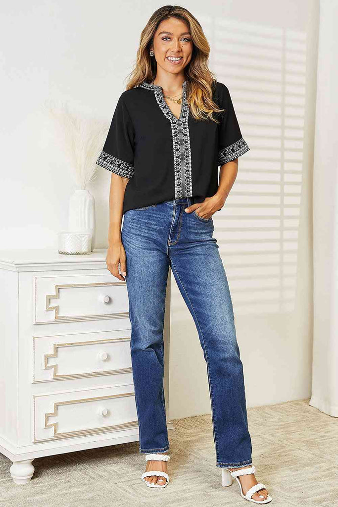 Double Take Embroidered Notched Neck Top-Timber Brooke Boutique, Online Women's Fashion Boutique in Amarillo, Texas