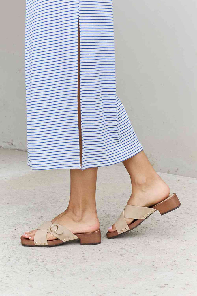 Forever Link Square Toe Cross Strap Buckle Clog Sandal in Sand-Timber Brooke Boutique, Online Women's Fashion Boutique in Amarillo, Texas