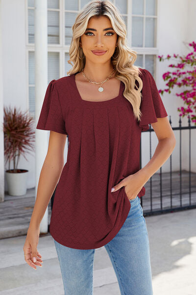 Eyelet Square Neck Flutter Sleeve Blouse-Timber Brooke Boutique, Online Women's Fashion Boutique in Amarillo, Texas