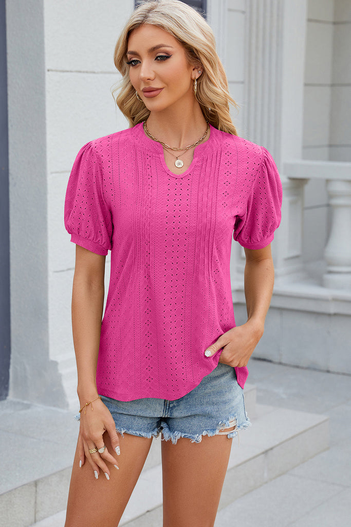 Eyelet Notched Puff Sleeve Blouse-Timber Brooke Boutique, Online Women's Fashion Boutique in Amarillo, Texas