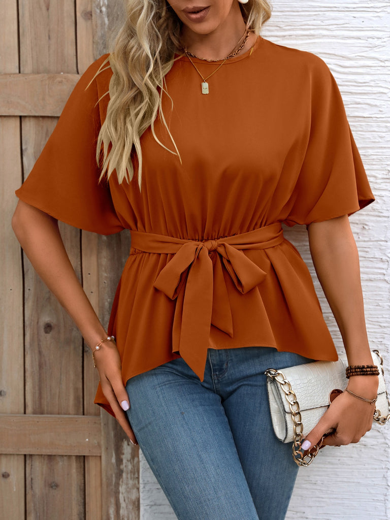 Tied Round Neck Half Sleeve Blouse-Timber Brooke Boutique, Online Women's Fashion Boutique in Amarillo, Texas