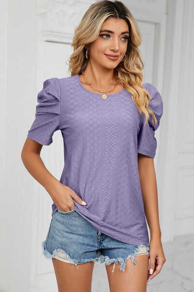 Eyelet Round Neck Puff Sleeve T-Shirt-Timber Brooke Boutique, Online Women's Fashion Boutique in Amarillo, Texas