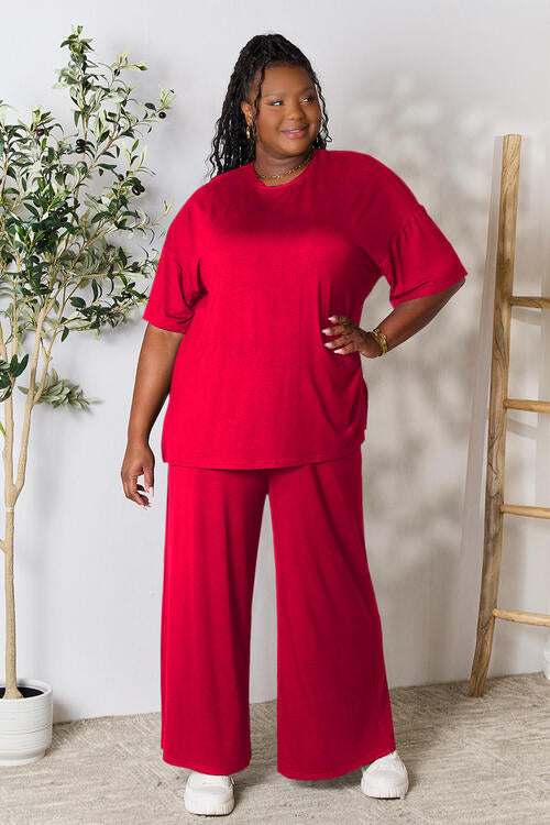 Double Take Full Size Round Neck Slit Top and Pants Set-Timber Brooke Boutique, Online Women's Fashion Boutique in Amarillo, Texas