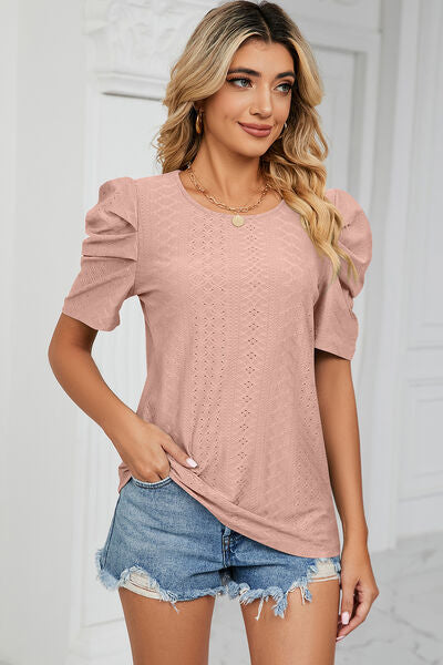 Eyelet Round Neck Puff Sleeve T-Shirt-Timber Brooke Boutique, Online Women's Fashion Boutique in Amarillo, Texas