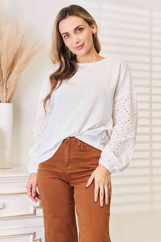 Double Take Eyelet Dropped Shoulder Round Neck Blouse-Timber Brooke Boutique, Online Women's Fashion Boutique in Amarillo, Texas
