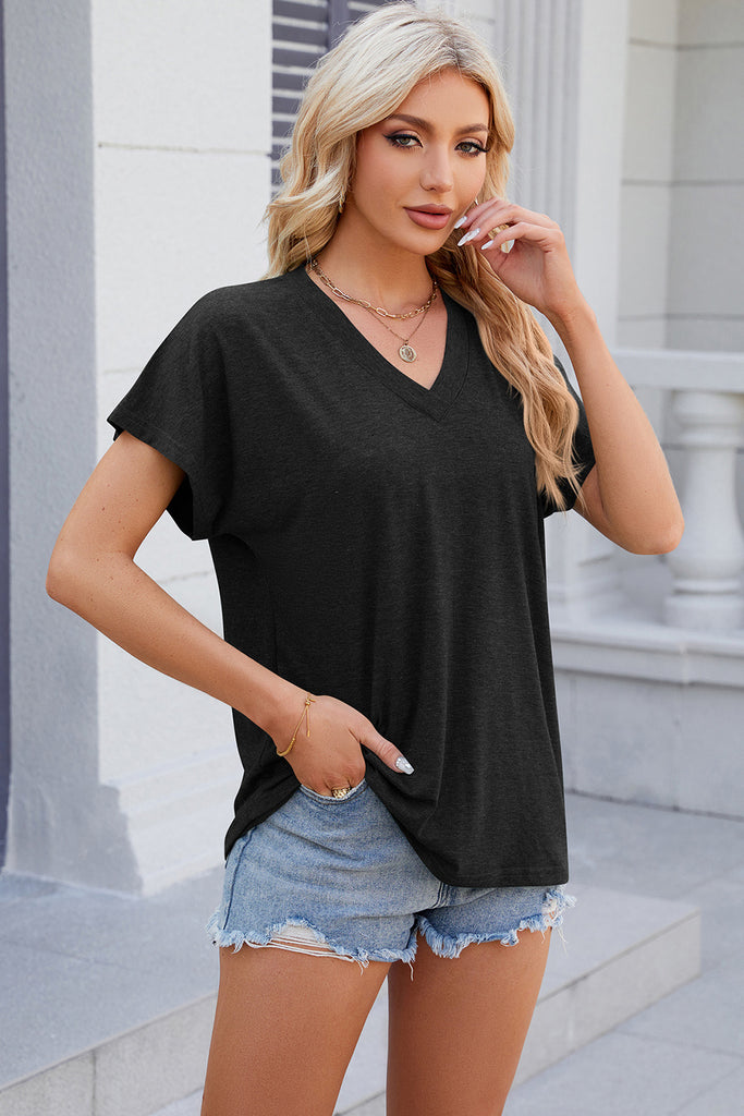 V-Neck Short Sleeve T-Shirt-Timber Brooke Boutique, Online Women's Fashion Boutique in Amarillo, Texas