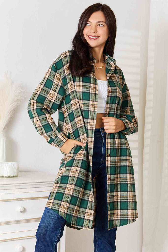 Double Take Plaid Collared Neck Long Sleeve Shirt-Timber Brooke Boutique, Online Women's Fashion Boutique in Amarillo, Texas