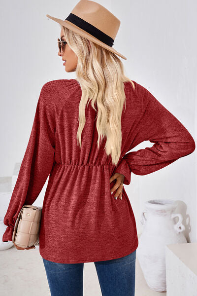 Ruched Round Neck Flounce Sleeve Blouse-Timber Brooke Boutique, Online Women's Fashion Boutique in Amarillo, Texas