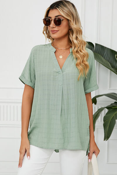 Ruched Notched Short Sleeve Blouse-Timber Brooke Boutique, Online Women's Fashion Boutique in Amarillo, Texas