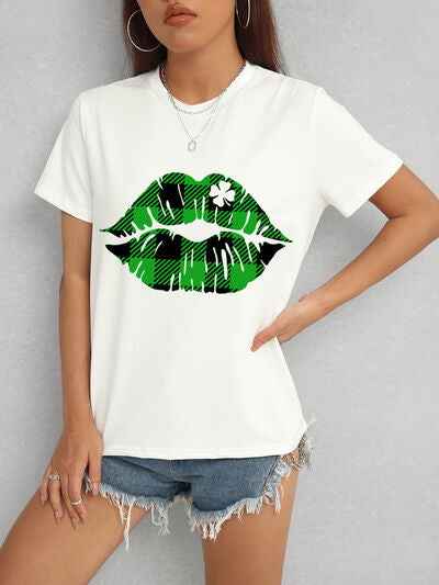 Plaid Lip Graphic Round Neck T-Shirt-Timber Brooke Boutique, Online Women's Fashion Boutique in Amarillo, Texas