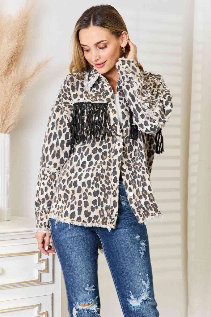 Double Take Leopard Fringe Detail Collared Neck Denim Jacket-Jackets-Timber Brooke Boutique, Online Women's Fashion Boutique in Amarillo, Texas