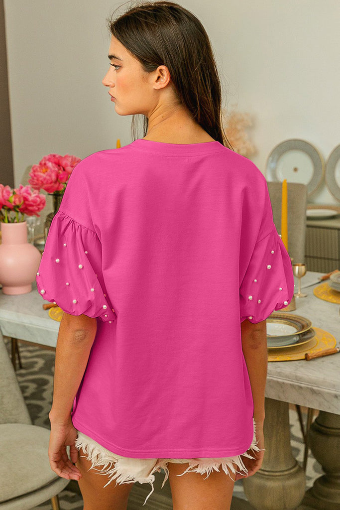BiBi Puff Sleeve Pearl Decor Top-Timber Brooke Boutique, Online Women's Fashion Boutique in Amarillo, Texas