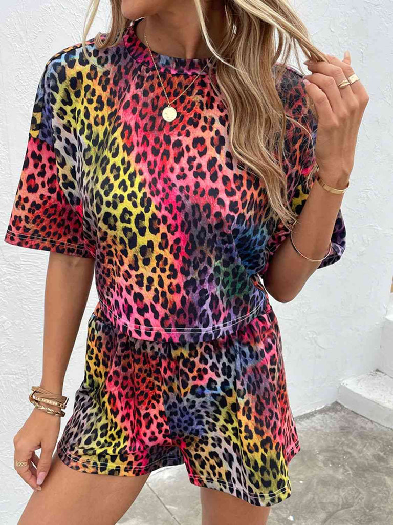 Leopard Round Neck Dropped Shoulder Half Sleeve Top and Shorts Set-Timber Brooke Boutique, Online Women's Fashion Boutique in Amarillo, Texas