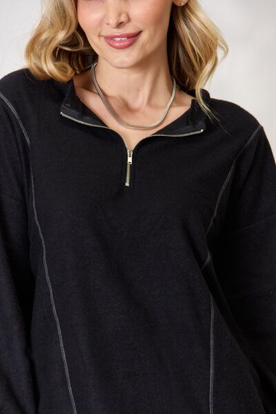 BiBi Half Zip Brushed Terry Long Sleeve Top-Timber Brooke Boutique, Online Women's Fashion Boutique in Amarillo, Texas
