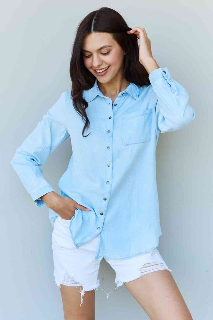 Doublju Blue Jean Baby Denim Button Down Shirt Top in Light Blue-Timber Brooke Boutique, Online Women's Fashion Boutique in Amarillo, Texas