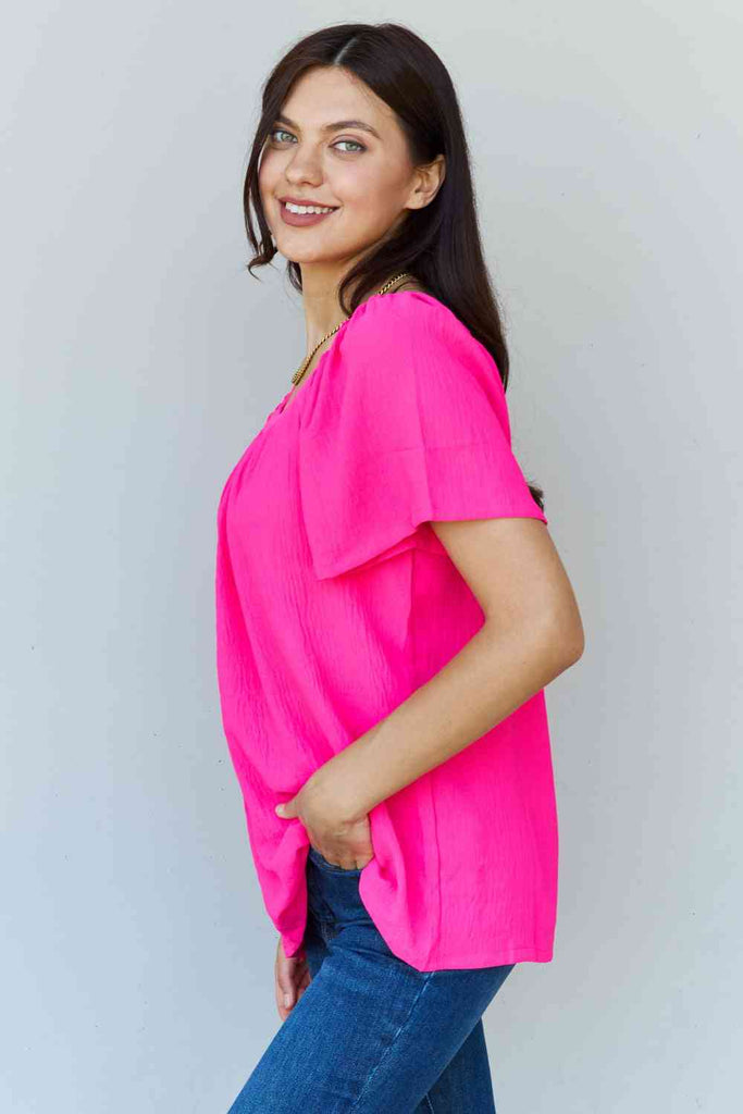 Ninexis Keep Me Close Square Neck Short Sleeve Blouse in Fuchsia-Timber Brooke Boutique, Online Women's Fashion Boutique in Amarillo, Texas