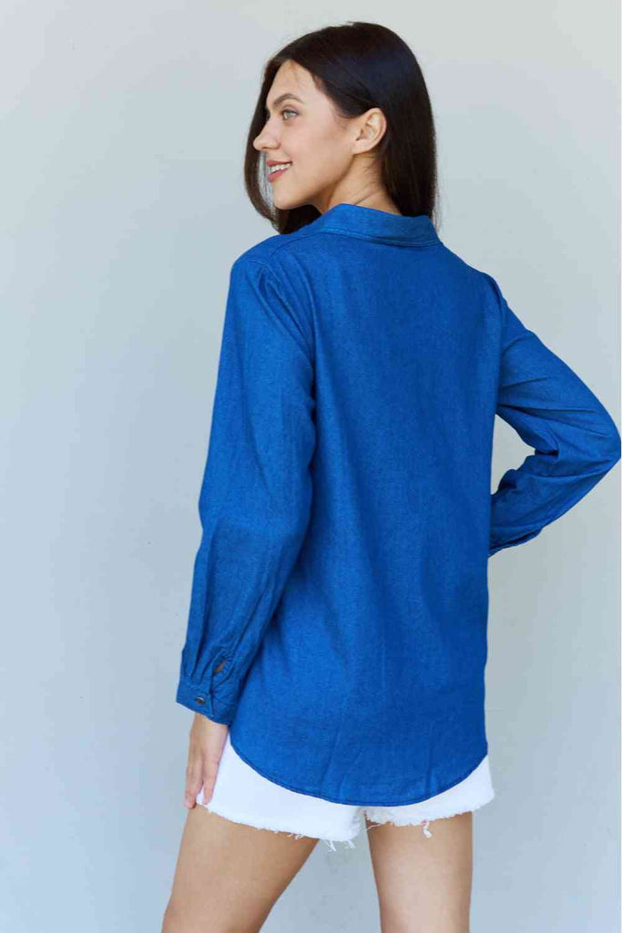 Doublju Blue Jean Baby Denim Button Down Shirt Top in Dark Blue-Timber Brooke Boutique, Online Women's Fashion Boutique in Amarillo, Texas