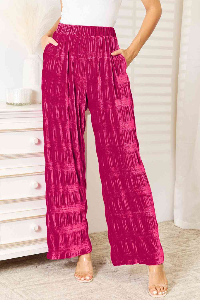Double Take Full Size High Waist Tiered Shirring Velvet Wide Leg Pants-Timber Brooke Boutique, Online Women's Fashion Boutique in Amarillo, Texas