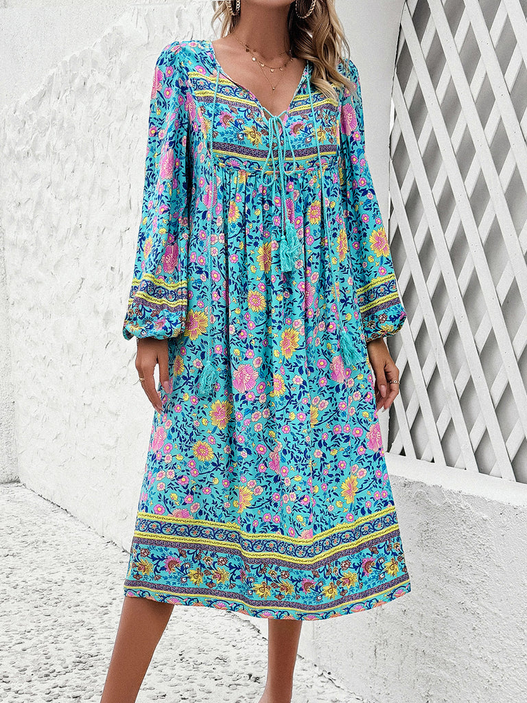 Tassel Tied Printed Long Sleeve Dress-Timber Brooke Boutique, Online Women's Fashion Boutique in Amarillo, Texas