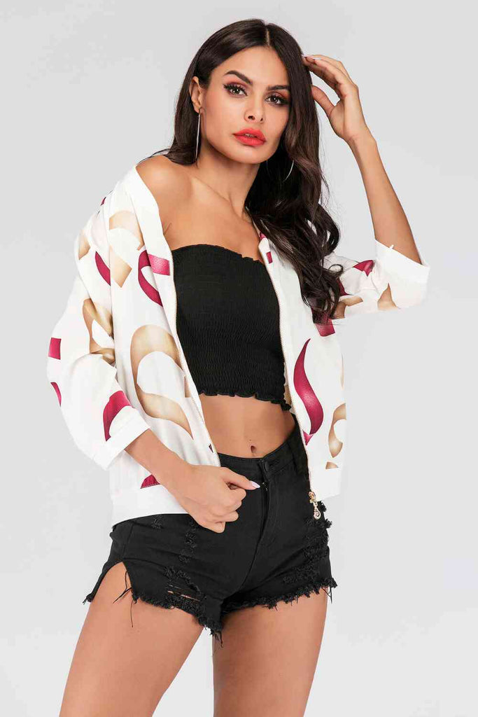 Printed Zip-Up Three-Quarter Sleeve Bomber Jacket-Timber Brooke Boutique, Online Women's Fashion Boutique in Amarillo, Texas