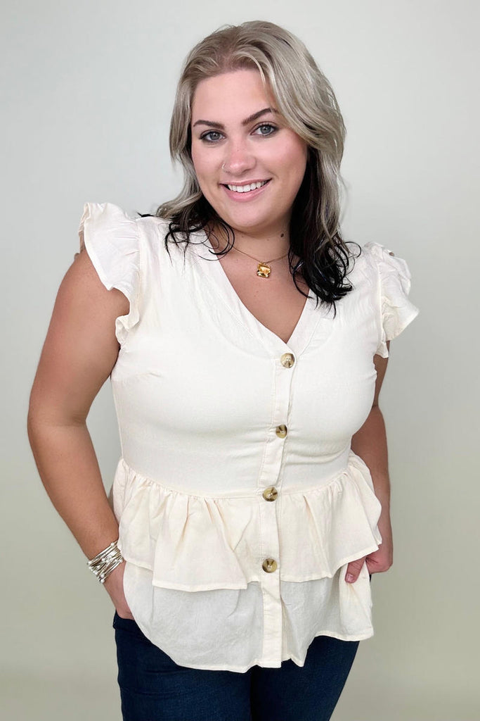 Hayden Button-Down Ruffle Hem Top-Blouses-Timber Brooke Boutique, Online Women's Fashion Boutique in Amarillo, Texas