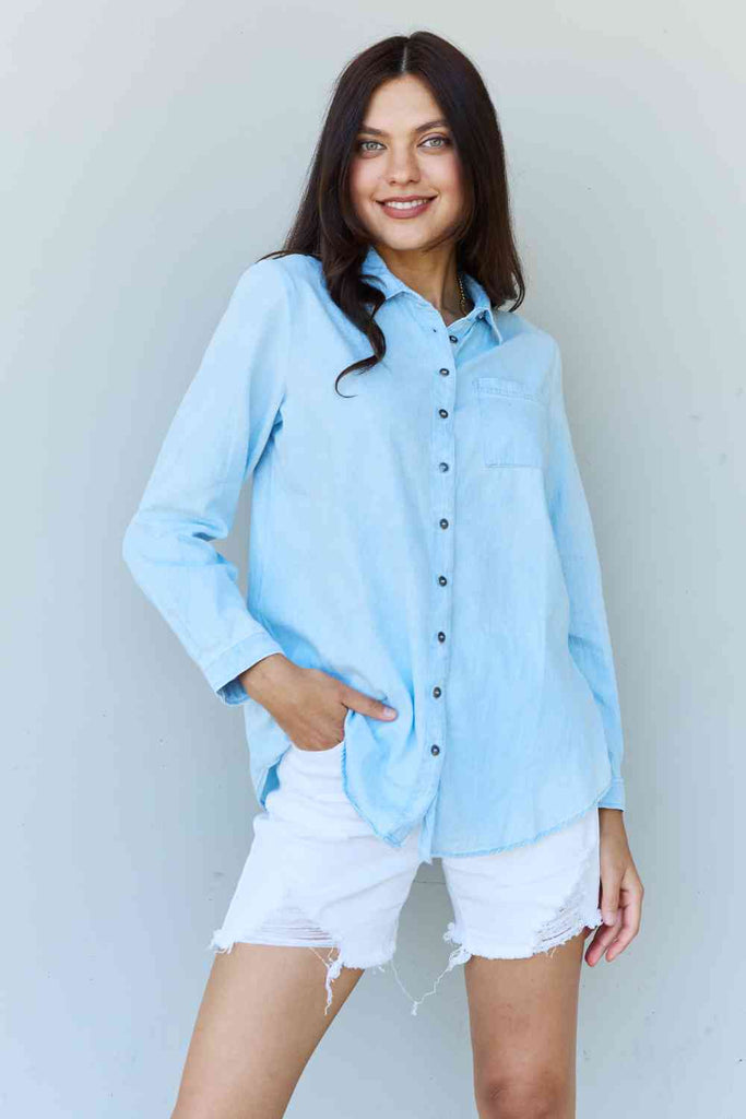 Doublju Blue Jean Baby Denim Button Down Shirt Top in Light Blue-Timber Brooke Boutique, Online Women's Fashion Boutique in Amarillo, Texas