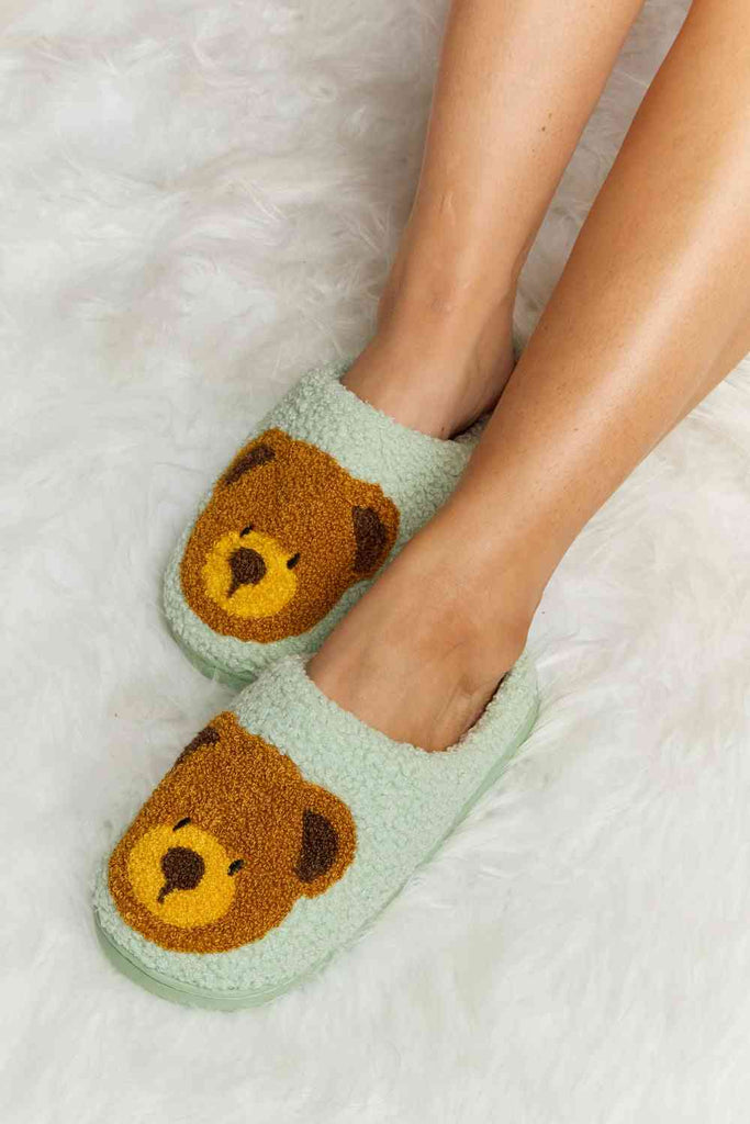 Melody Teddy Bear Print Plush Slide Slippers-Timber Brooke Boutique, Online Women's Fashion Boutique in Amarillo, Texas