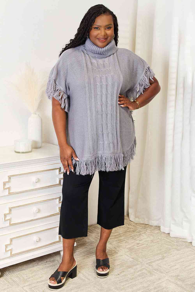 Justin Taylor Turtle Neck Fringe Poncho-Timber Brooke Boutique, Online Women's Fashion Boutique in Amarillo, Texas