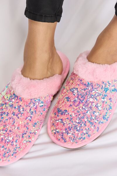 Forever Link Sequin Plush Round Toe Slippers-Timber Brooke Boutique, Online Women's Fashion Boutique in Amarillo, Texas