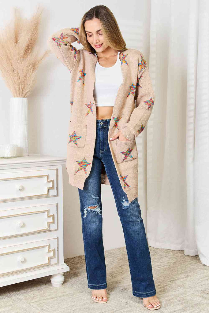 Double Take Star Pattern Open Front Longline Cardigan-Cardigans-Timber Brooke Boutique, Online Women's Fashion Boutique in Amarillo, Texas