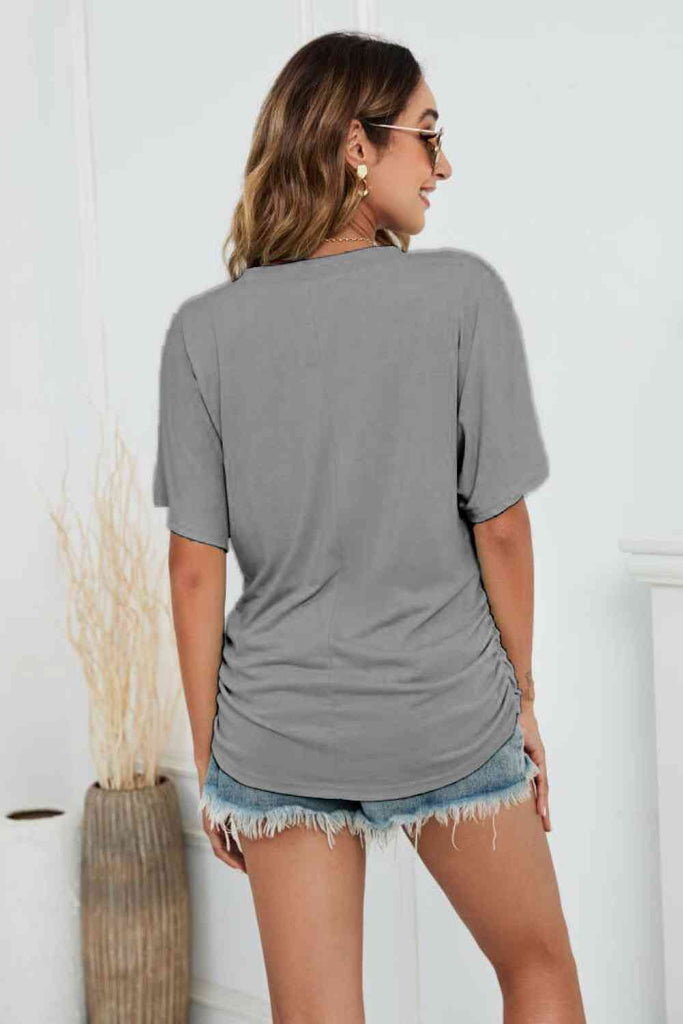 V-Neck Side Ruched Tee-Timber Brooke Boutique, Online Women's Fashion Boutique in Amarillo, Texas