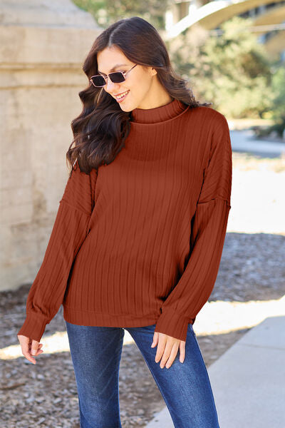Basic Bae Full Size Ribbed Exposed Seam Mock Neck Knit Top-Timber Brooke Boutique, Online Women's Fashion Boutique in Amarillo, Texas