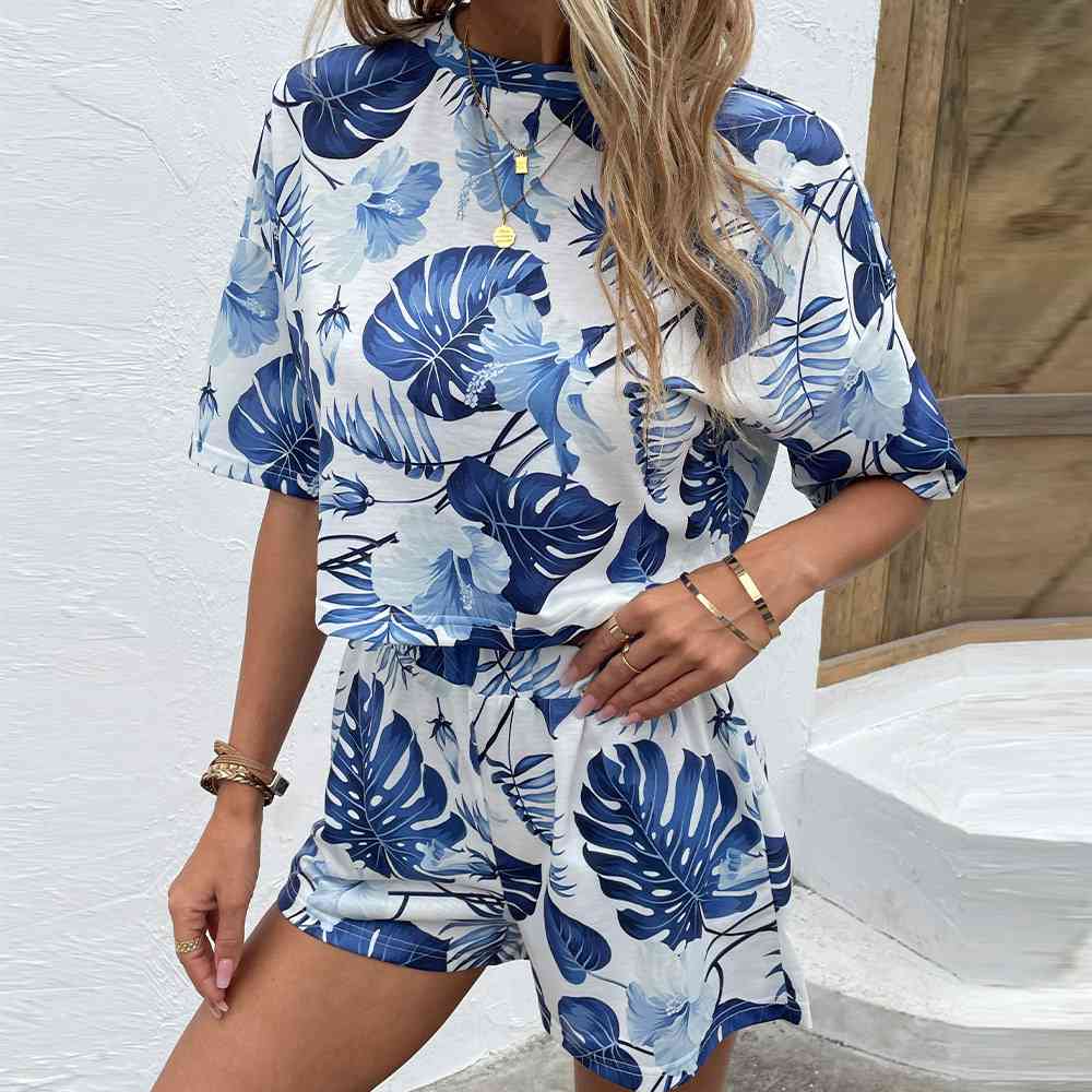 Floral Print Round Neck Dropped Shoulder Top and Shorts Set-Timber Brooke Boutique, Online Women's Fashion Boutique in Amarillo, Texas