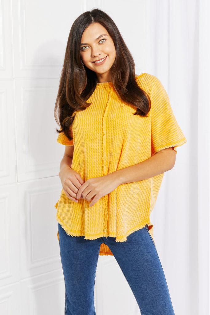 Zenana Start Small Washed Waffle Knit Top in Yellow Gold-Short Sleeve Top-Timber Brooke Boutique, Online Women's Fashion Boutique in Amarillo, Texas