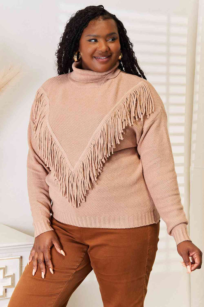 Woven Right Turtleneck Fringe Front Long Sleeve Sweater-Timber Brooke Boutique, Online Women's Fashion Boutique in Amarillo, Texas