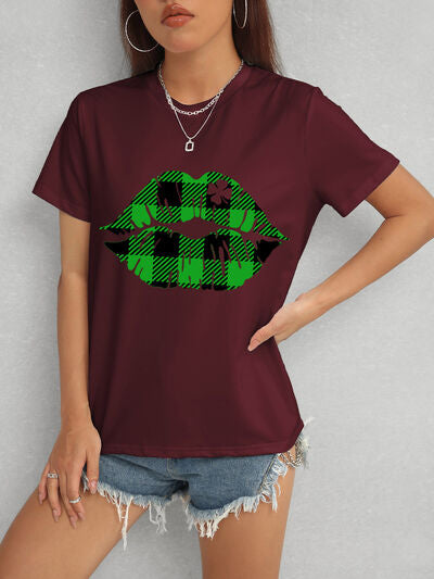 Plaid Lip Graphic Round Neck T-Shirt-Timber Brooke Boutique, Online Women's Fashion Boutique in Amarillo, Texas