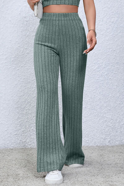 Basic Bae Full Size Ribbed High Waist Flare Pants-Timber Brooke Boutique, Online Women's Fashion Boutique in Amarillo, Texas
