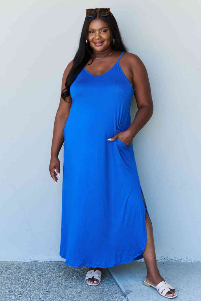 Ninexis Good Energy Full Size Cami Side Slit Maxi Dress in Royal Blue-Timber Brooke Boutique, Online Women's Fashion Boutique in Amarillo, Texas