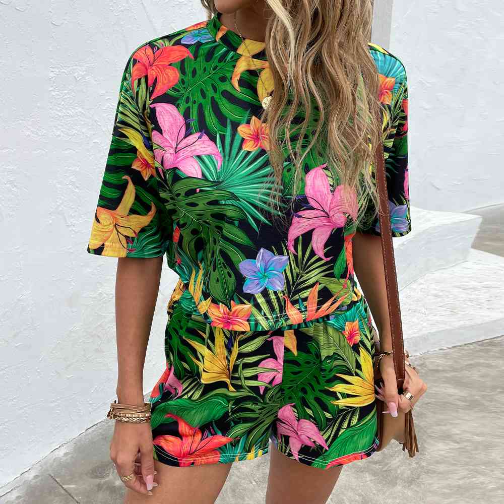 Floral Print Round Neck Dropped Shoulder Half Sleeve Top and Shorts Set-Timber Brooke Boutique, Online Women's Fashion Boutique in Amarillo, Texas