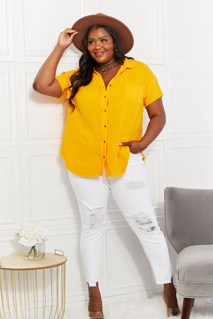 Zenana Full Size Summer Breeze Gauze Short Sleeve Shirt in Mustard-Timber Brooke Boutique, Online Women's Fashion Boutique in Amarillo, Texas