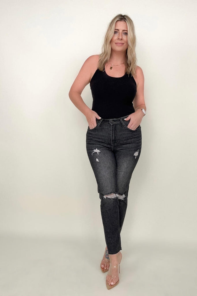 Risen High Rise Slim Straight Cropped Raw Hem Jeans-Jeans-Timber Brooke Boutique, Online Women's Fashion Boutique in Amarillo, Texas