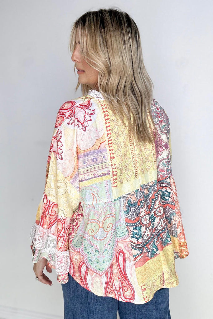 Paisley Patch Work Bell Sleeve Lace V-Neck Boho Blouse-Blouses-Timber Brooke Boutique, Online Women's Fashion Boutique in Amarillo, Texas