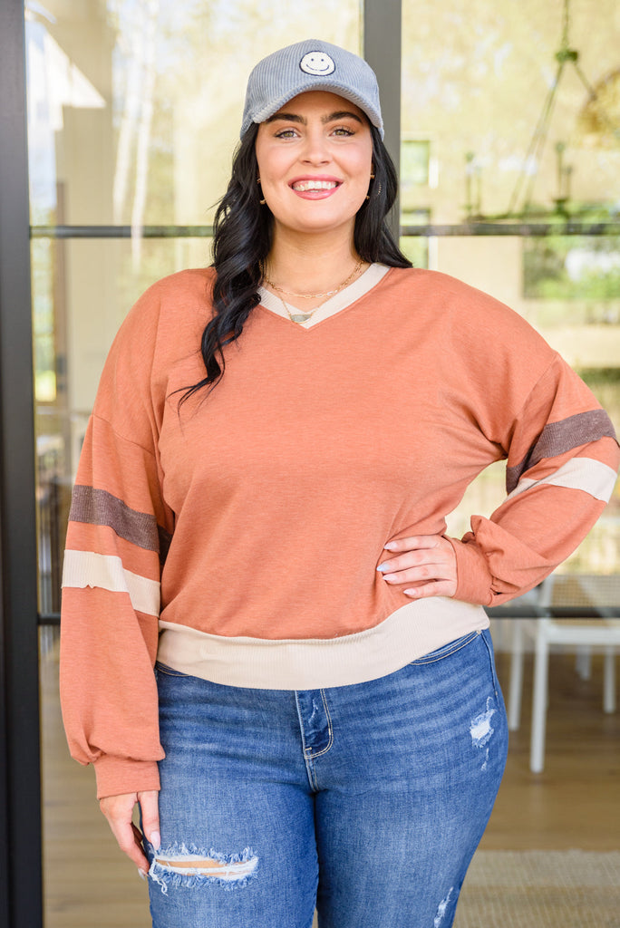 Back In Action Retro V-Neck Sweatshirt Top In Rust-140 Sweaters-Timber Brooke Boutique, Online Women's Fashion Boutique in Amarillo, Texas