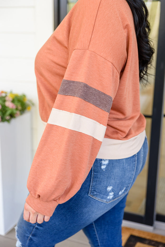 Back In Action Retro V-Neck Sweatshirt Top In Rust-140 Sweaters-Timber Brooke Boutique, Online Women's Fashion Boutique in Amarillo, Texas