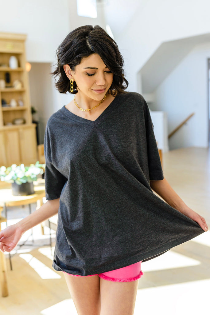 Boxy V Neck Boyfriend Tee In Charcoal-Short Sleeve Top-Timber Brooke Boutique, Online Women's Fashion Boutique in Amarillo, Texas