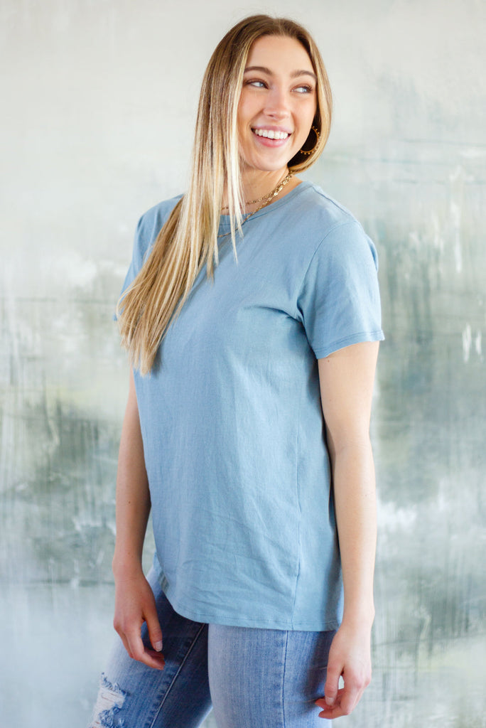 Cardinal Short Sleeve Tee in Blue Grey-Short Sleeve Top-Timber Brooke Boutique, Online Women's Fashion Boutique in Amarillo, Texas