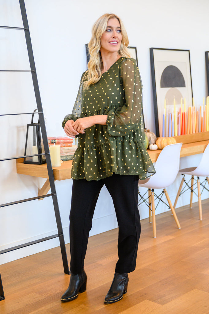 Coya Metallic Dot Tiered Blouse in Olive-Womens-Timber Brooke Boutique, Online Women's Fashion Boutique in Amarillo, Texas