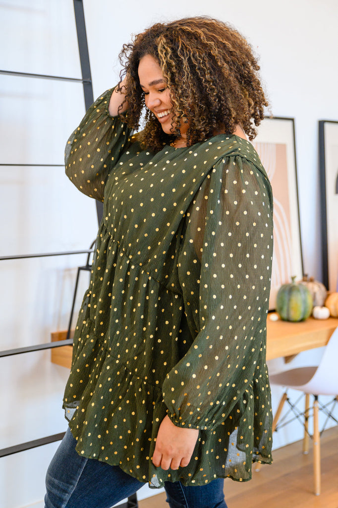 Coya Metallic Dot Tiered Blouse in Olive-Womens-Timber Brooke Boutique, Online Women's Fashion Boutique in Amarillo, Texas