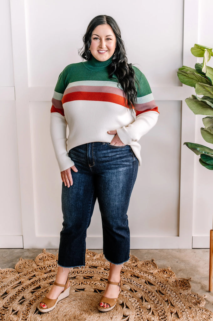 Striped Mock Neck Sweater in Cream, Green, Purple & Rust-Long Sleeve Tops-Timber Brooke Boutique, Online Women's Fashion Boutique in Amarillo, Texas