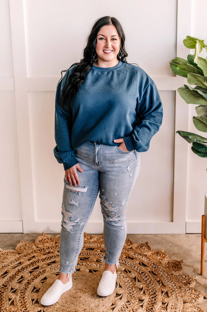 Fleece Sweatshirt In Harbor-Sweaters-Timber Brooke Boutique, Online Women's Fashion Boutique in Amarillo, Texas